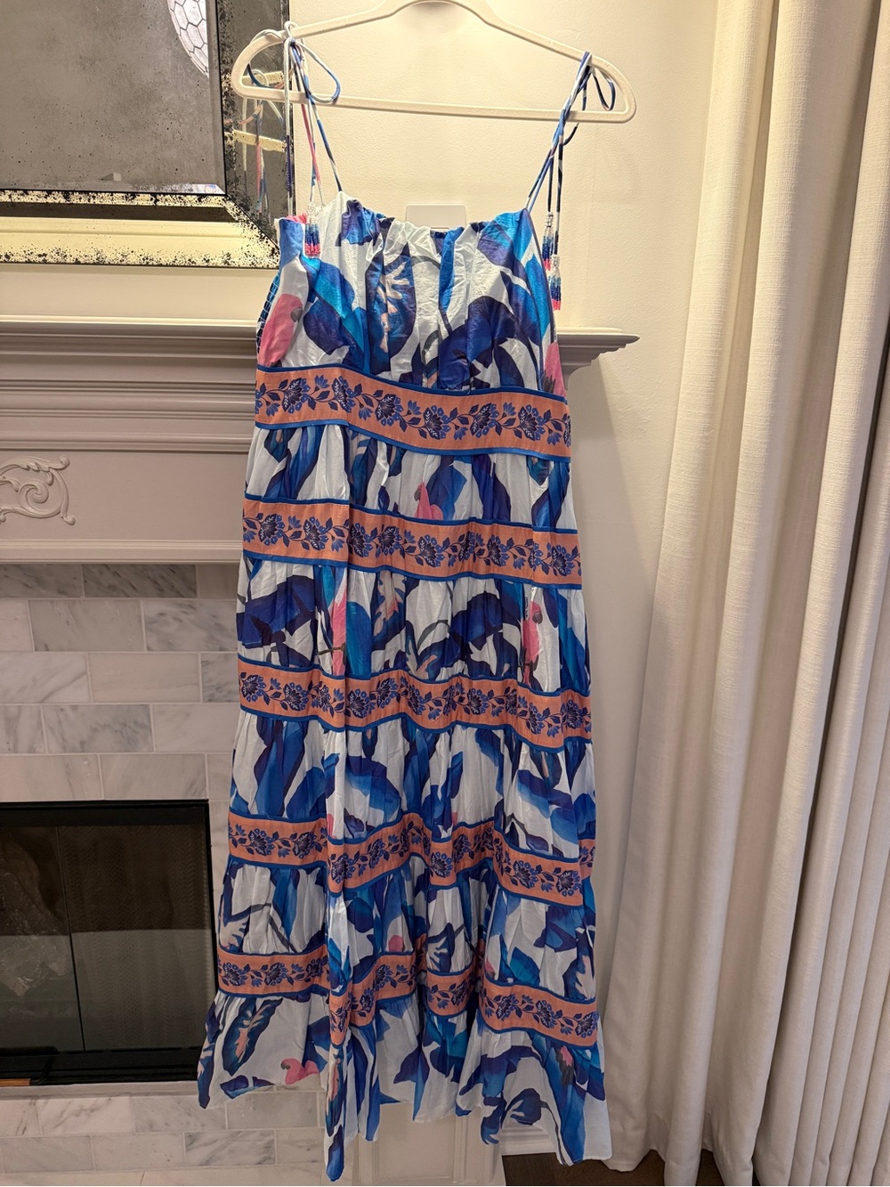 Farm Rio Blue Floral Tiered Midi Dress with Tie Straps - Picture 2 of 3